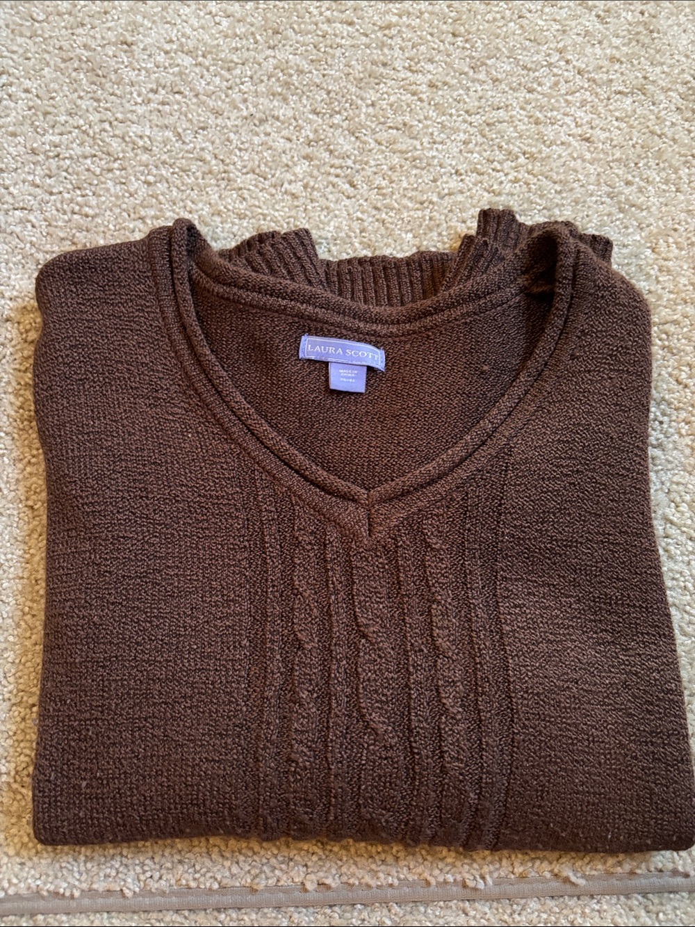 Laura Scott Brown V-Neck Cable Knit Pullover